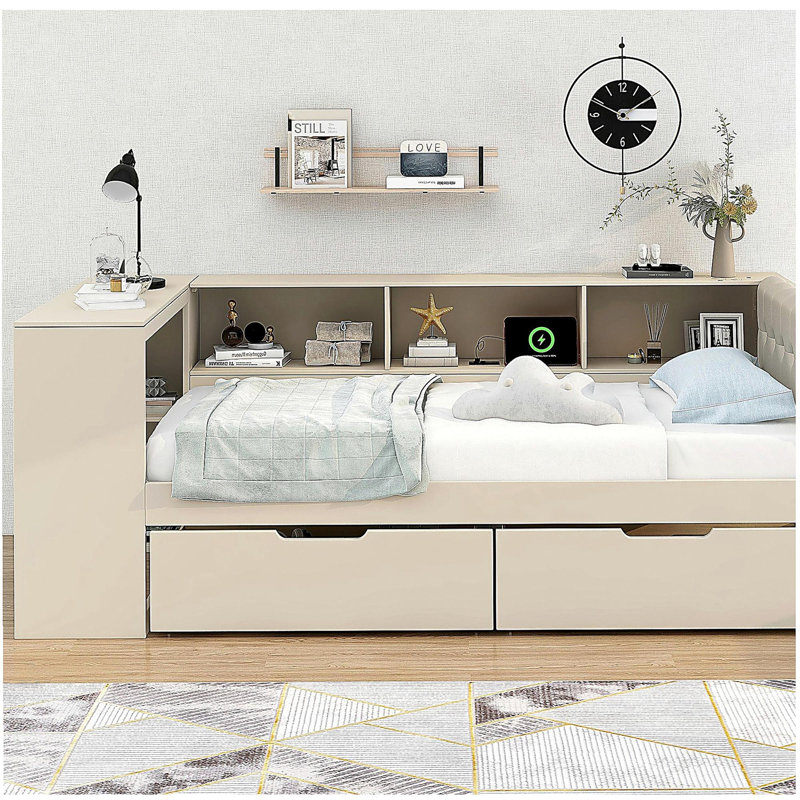 Wooden Platform Bed with Storage Shelves, Drawers, Charging Station, and Pillow-Headboard, Twin