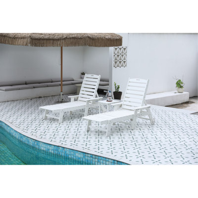 Lounge Chair With Side Table, 3-Piece Oversized Chaise Lounge Chair Setwith Wood Texture,White, All Weather Patio Lounge Chair With 5 Positions,Wheels &Cup Holder(Include 2Lounge Chairs And 1Table)