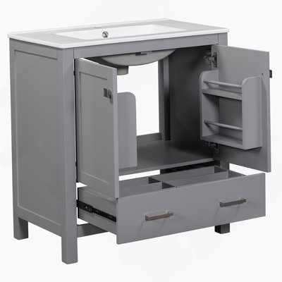 60" Grey Bathroom Vanity Set With Double Vanities (Separate), Double Ceramic Sinks, Storage Shelf, And Divided Drawers  (Mirror Not Included)– Modern Bathroom Solution For Spacious Bathrooms