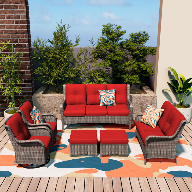 Ensemble de meubles de patio 6 pièces en osier avec coussin rouge 6 pièces, Rouge