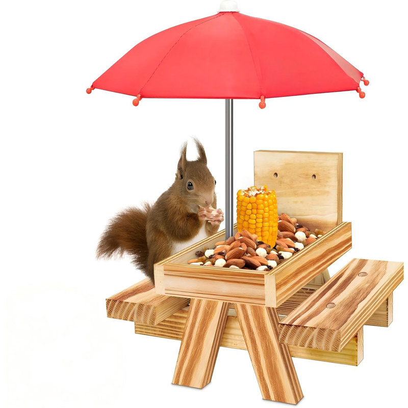 Mangeoire d'écureuil en bois carbonisé avec parasol