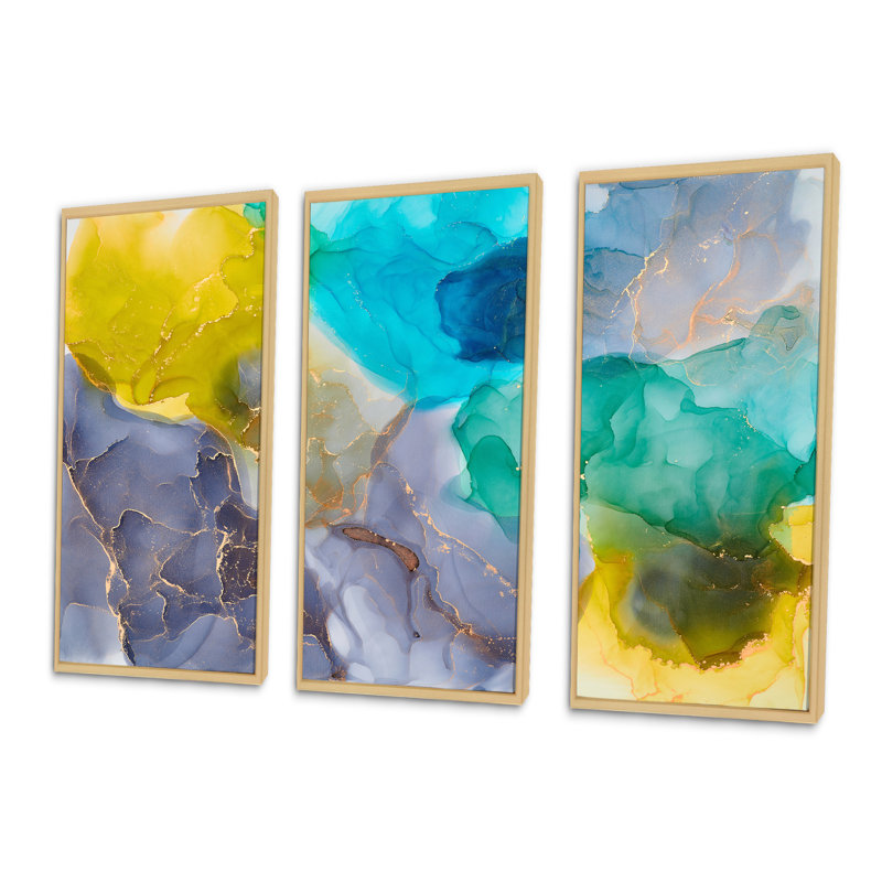 Turquoise et jaune, art abstrait fluide de luxe - 3 pièces, cadre flottant, impression sur toile, H 28 po x l 36 po, Érable
