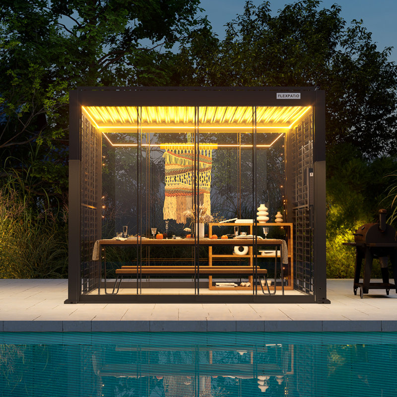 Pavillon de jardin permanent en métal L 10 pi. Pergola à persiennes d'extérieur motorisée D, H 98 po x l 118 po x P 118 po