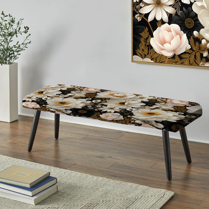 Banc rembourré floral noir Truong, Paradis floral rétro blanc classique rétro