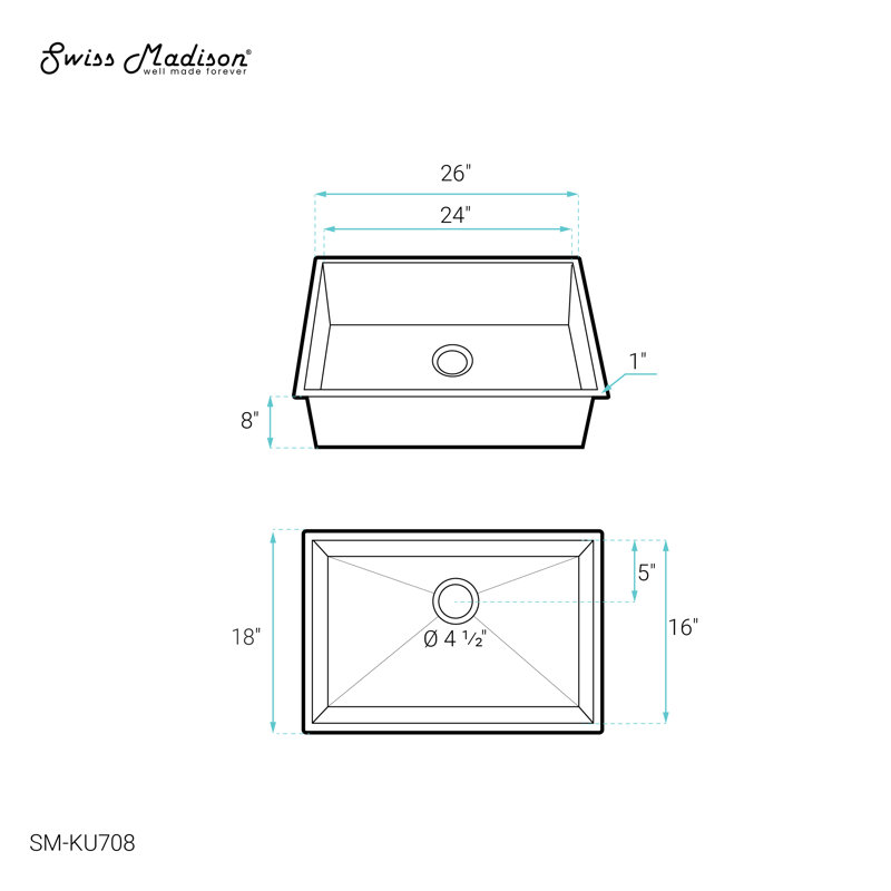 Évier de cuisine encastré à simple cuve en acier inoxydable 26 x 18 Tourner, Brossé