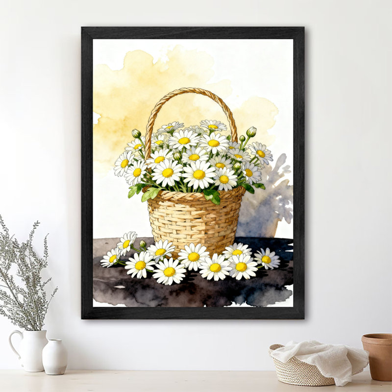 Art encadré noir, panier de fleurs rempli de marguerites, impressions de style rétro, 11" H x 9" W