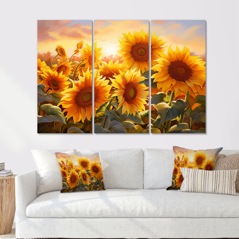 «Burning Sunset Sunflowers Field I» - ensemble d'art sur toile tournesols, Toile tendue, H 40 po x l 60 po x P 1 po