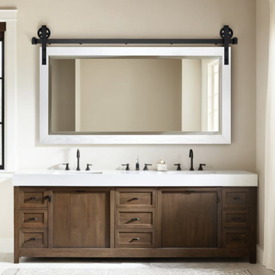 Rayne Mirrors Ozark Hardwood Beveled Mirror With Oversized Wheel and Steel Barn Door Rail