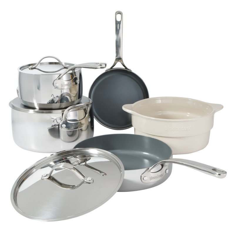 Batterie de cuisine 8 pièces en acier inoxydable avec intérieur antiadhésif non toxique Bloomhouse, Gris