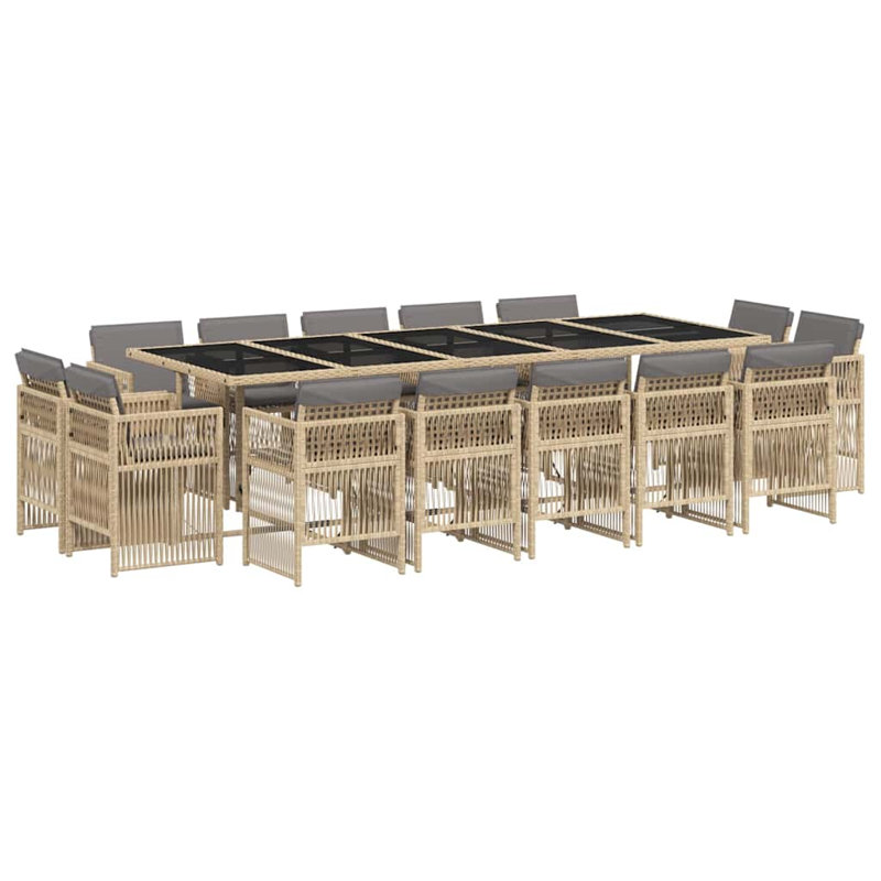 15 Piece Garden Dining Set with Cushions Poly Rattan, 15 Pieces: Table, 14 Chairs, Grey, Mix Beige