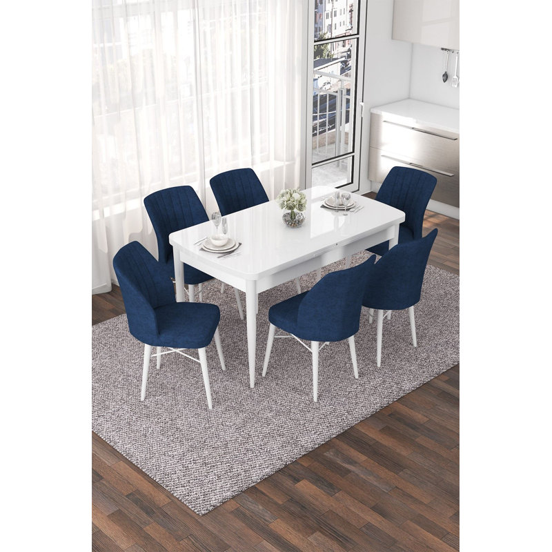 Ensemble de table et chaises de salle à manger extensible Modern (7 pièces), blanc et bleu marine | 100% panneau de fibres à densité moyenne avec pieds en bois et structure de chaise en métal | Table: 45 x 30,7 x 27,6 po (ouverte: 56,7 po) | Siège confortable en mousse, parfait pour les salles à manger élégantes
