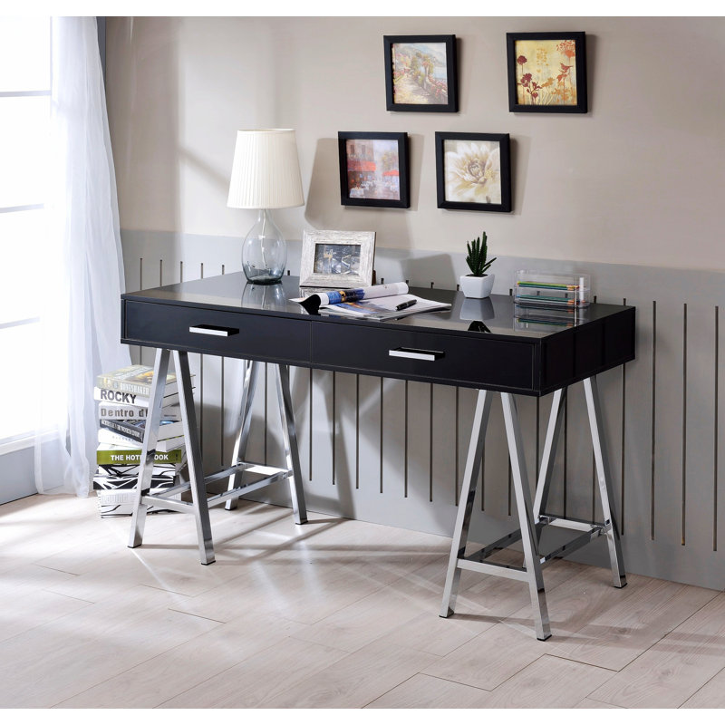 Bureau d'écriture avec 2 tiroirs, bureau avec base en métal