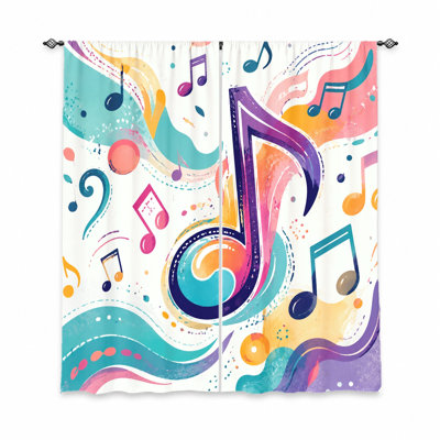 2Pcs Vibrant Musical Notes Print Curtains, Light Filtering Fabric, Artistic & Lively Design, Privacy Protection for Living Room Bedroom Balcony Kitchen