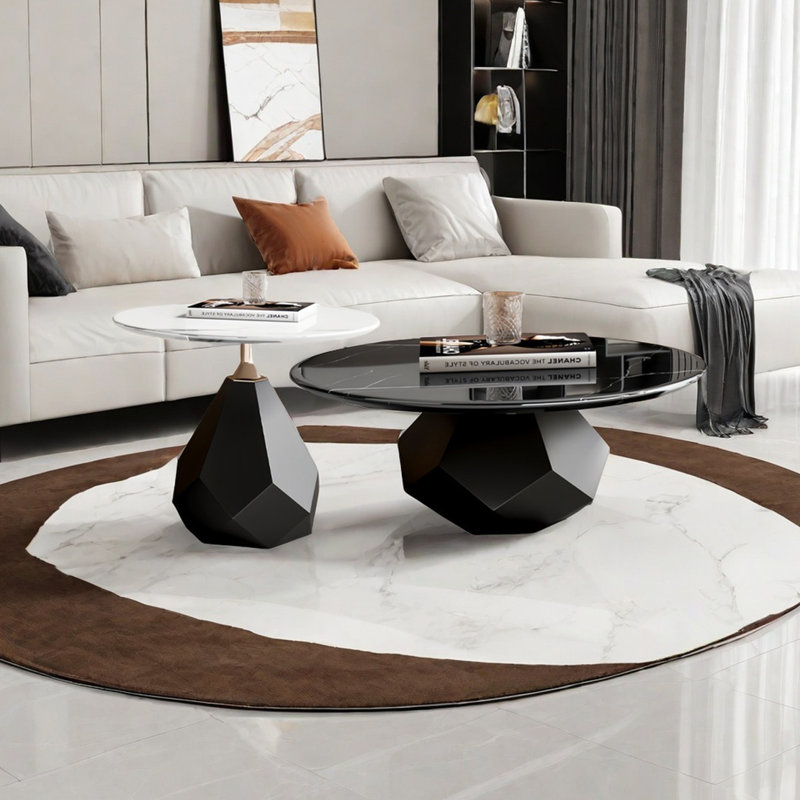 Table basse moderne simple ronde en marbre, Noir / blanc