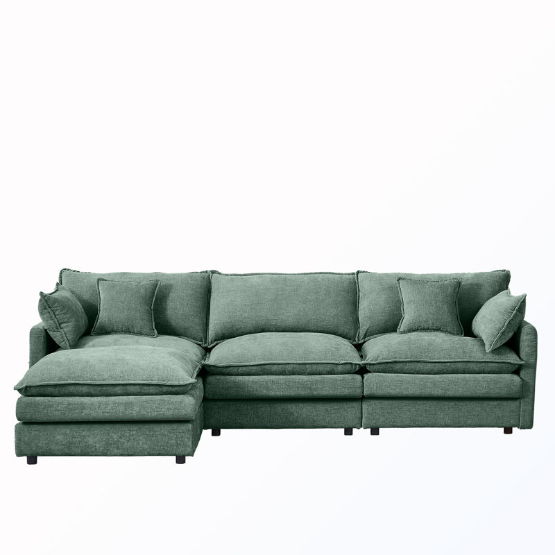 L-Shape Chenille Sectional Couches with Movable Ottoman, Green Chenille