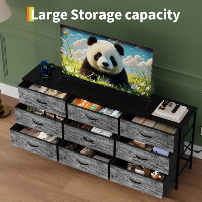 Grande commode à 63 tiroirs en tissu avec plateau en bois et structure en métal robuste de 63 po de largeur, grande armoire de rangement multifonctionnelle pouvant servir de meuble télé pour la chambre à coucher, le salon et le placard