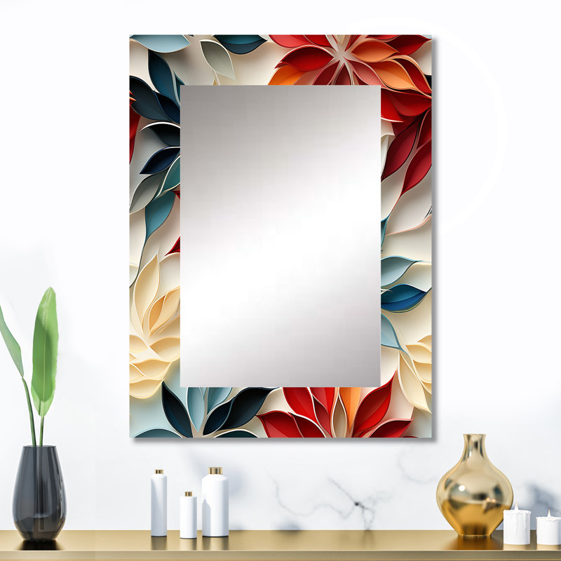 Arhondis Red And Blue Zen Floral Mosaic - botanical  Large Wall Mirror, Boho Decorative Mirror, Printed Metal Art, 32" x 24"