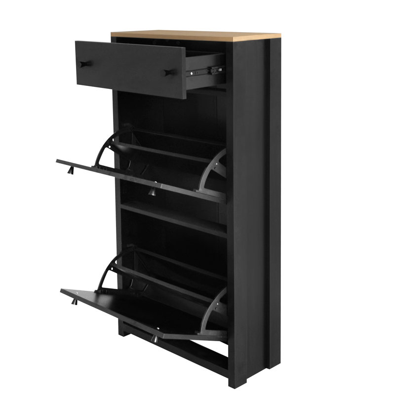 Armoire de rangement fonctionnelle pour chaussures avec 3 tiroirs et couloir à finition en grain de bois, Noir