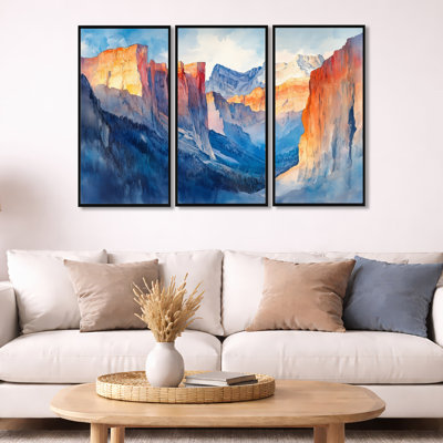 «Yosemite Wall Art, Granit Cliff Canvas - Dramatic Cliff of Yosemite», ensemble de 3 toiles encadrées