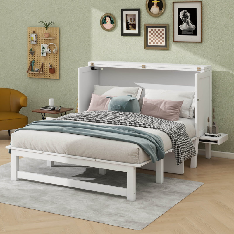 White Queen Murphy Bed Cabinet with Charging Station and Side Shelves, Space-Saving Wall Bed Frame, White, Queen