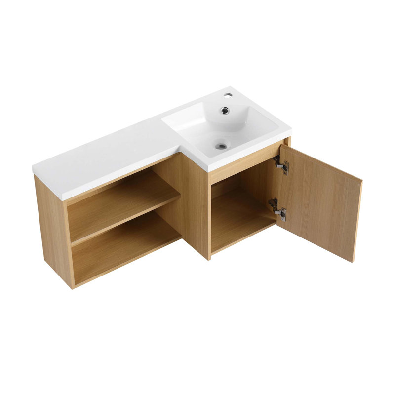 Meuble-lavabo de coin flottant peu encombrant avec lavabo en résine intégré et rangement à fermeture en douceur