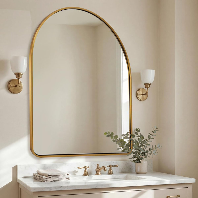 Miroir de salle de bain Malisa Cadre épais en acier inoxydable, 36 po x 30 po, Or brossé