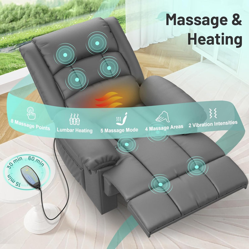 80cm Wide Wall Recliner Home Theatre Recliner with Massager, PU Grey