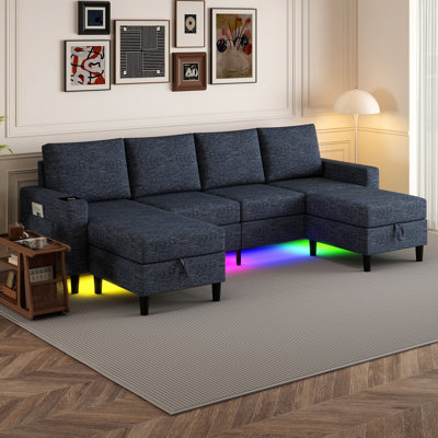 109" Sectional Couches For Living Room, 4 Seat Sectional Sofa With Rgb Light/wireless Charging/usb/type-c