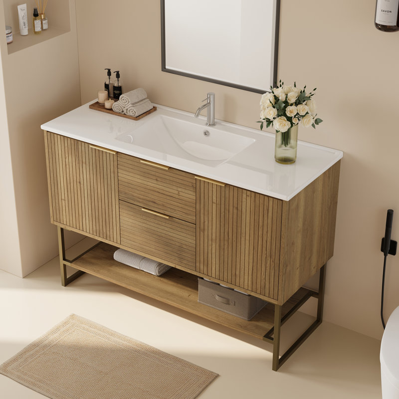 Meuble-lavabo autoportant de 47,2 po, meuble-lavabo en bois multi-couches avec finition grain de bois naturel, lavabo en céramique intégré avec quincaillerie brossée et tablette de rangement ouverte