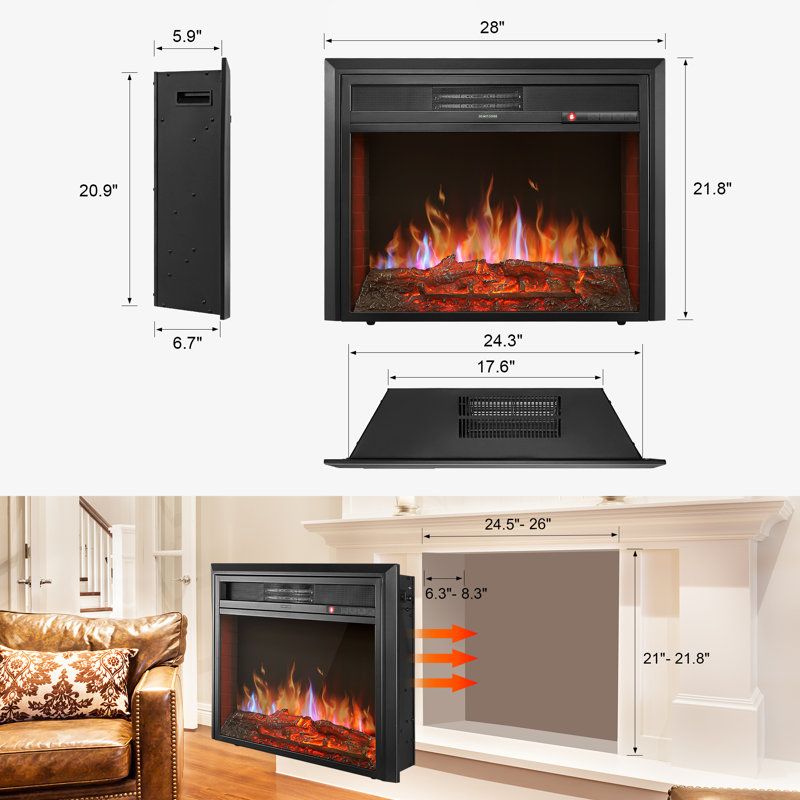 Black Steel 28" Electric Fireplace Insert with Remote