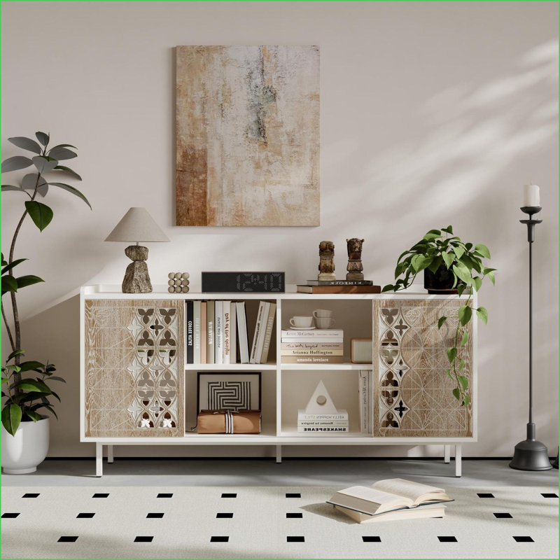 Buffet avec rangement | Buffet rustique en bois massif avec porte coulissante Mid-Century | Rustique | Tablettes incluses