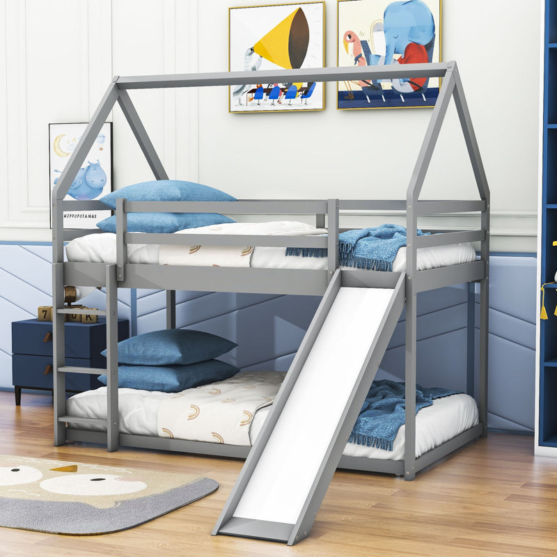 Lit superposé simple en bois avec glissière et échelle Romel, gris