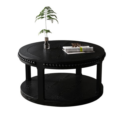 Round Solid Wood Coffee Table, American Design, Black, 2 - Tier Storage, Legs, Scratch Surface, Quick Assembly 17.21" Tall 31.5" Mid Century Modern, O