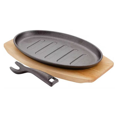 Judge, Sizzle & Serve - Cast Iron Platter on Server Board