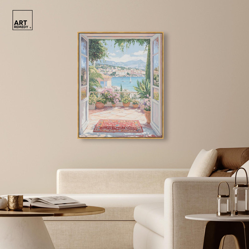 «Room with a View» par Art Remedy, Cadre flottant doré, H 46 po x l 37 po