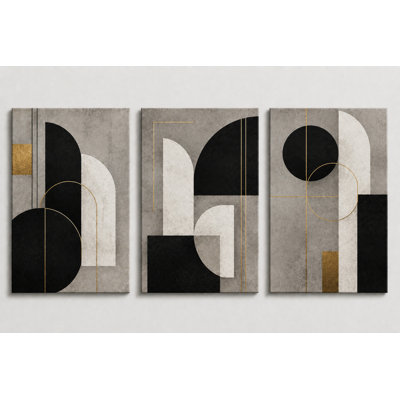 Grand ensemble de 3 toiles géométriques abstraites neutres, formes minimalistes modernes, impression sur toile sans cadre 16 x 24 pouces - prête à être accrochée