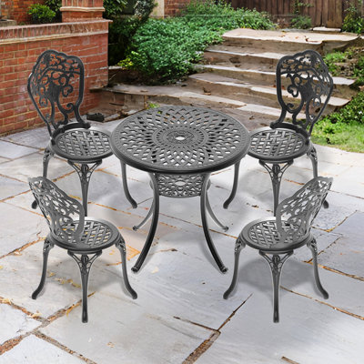 Mobilier de salle à manger en aluminium résistant aux intempéries, 5 couverts, noir, anticorrosion, design ergonomique extérieur avec sculptures élégantes, patins antibruit, capacité de 4 couverts