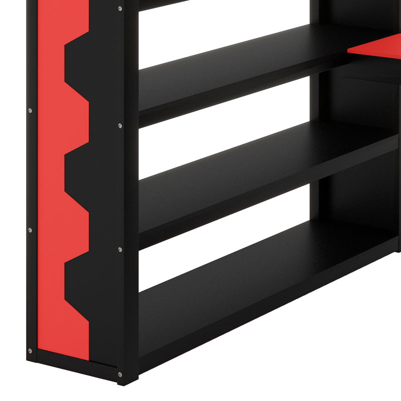 Lit mezzanine multifonctionnel avec bureau, lumières RVB, plateau à clavier et rangement, lit de jeu avec prise de courant, panneau perforé et tablettes
