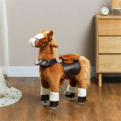 Qaba Ride on Horse, Walking Horse Toy, Kids Plush Riding Horse, Pony with Wheels & Neighing Sound for 3-5 Years Old up to 132 Pounds, Brown