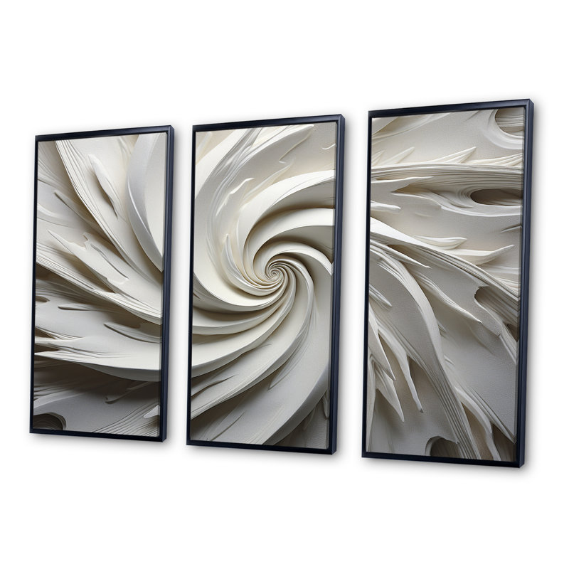 «White Majestic Motion I - Abstract Spirals», ensemble d'art mural, H 40 po x l 60 po x P 1 po, Cadre flottant noir