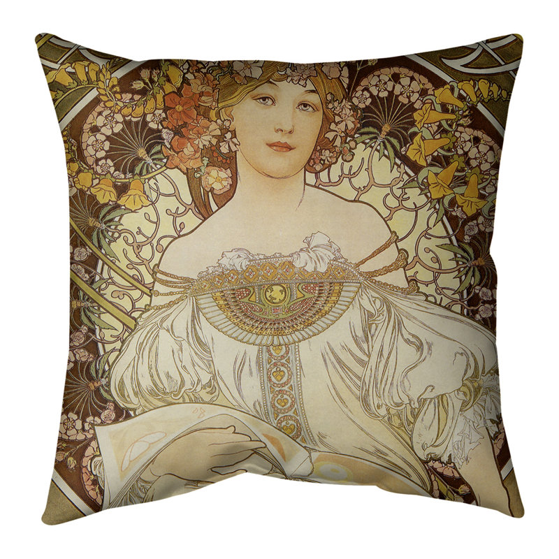 Housse et insert de coussin carré Alphonse Mucha Lady, Housse de coussin seulement, 14 po x 14 po, Jaune