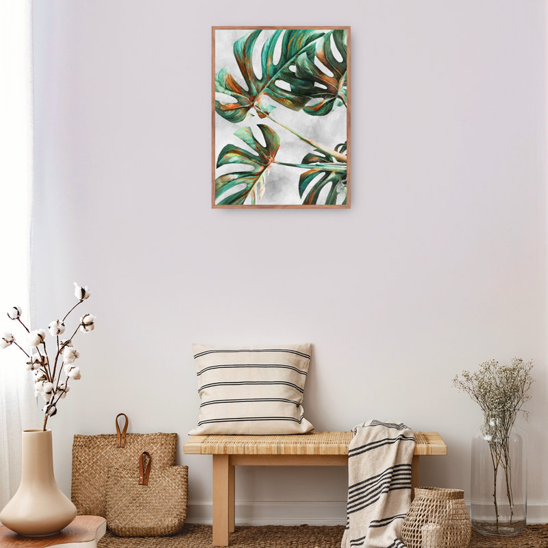 Monstera Green and Orange Canvas Art Print with Maple Frame