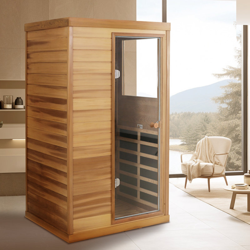 Red Cedar Mini One Person Far Infrared Glass Door On The Right Of The Indoor Sauna Room, Left