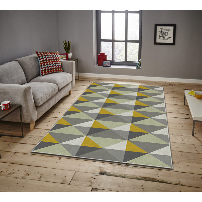 Tapis géométrique rectangulaire tissé à la machine en polyester géométrique vert / gris Didcot