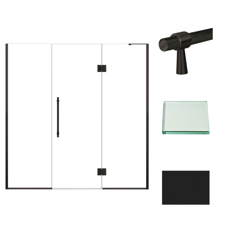 Porte de douche à charnière en acier inoxydable brossé avec verre transparent l 74 po x H 76 po, Noir mat