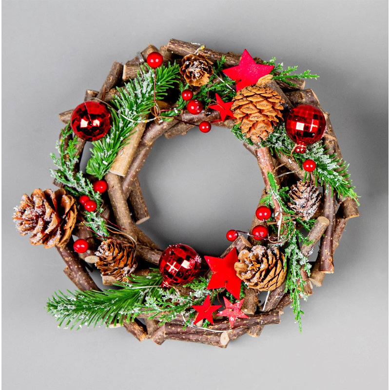 22cm Battery Operated LED Twig Wreath with Warm White Lights, Red Festive Baubles and Foliage