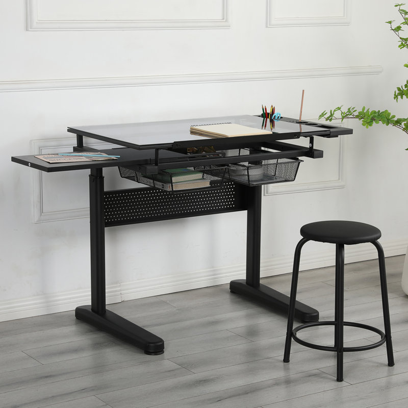 Hand Crank Adjustable Drafting Table Drawing Desk With 2 Metal Drawers WITH STOOL, Black