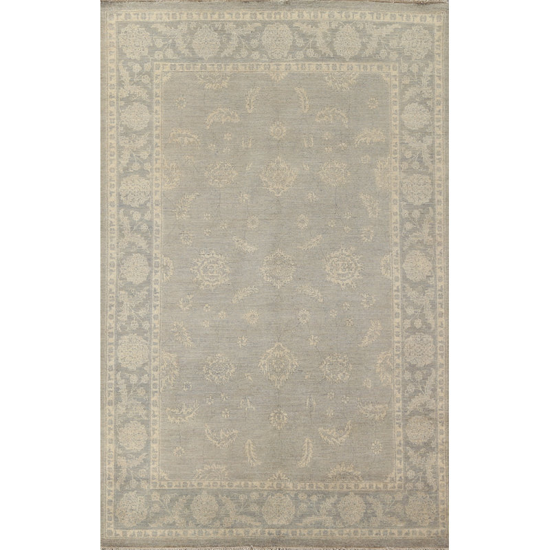 Tapis gris en laine noué à la main de conception unique 5 pi 6 po x 8 pi 1 po Peshawar Chobi