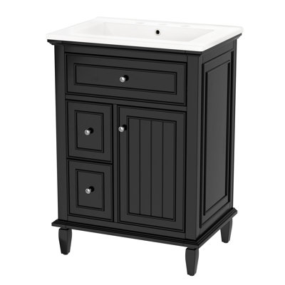 Meuble-lavabo 24 po avec lavabo, meuble-lavabo avec un tiroir rabattable et deux tiroirs, tablette réglable, bois massif et panneau de fibres à densité moyenne, noir