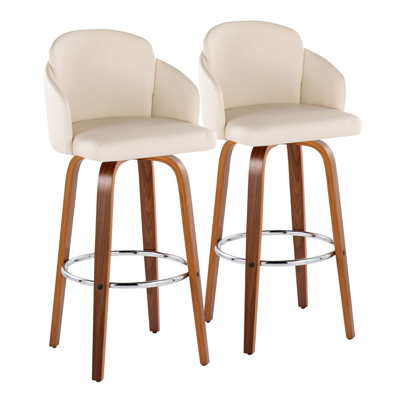 Tabouret de bar à hauteur fixe en bois de noyer et similicuir brun clair avec repose-pieds rond chromé - ensemble de 2, Crème